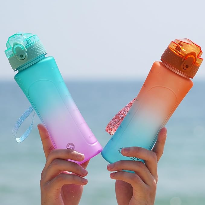 OLDLEY Kids Water Bottle with Straw 15 oz Motivational Water Bottles with Time Marker for School Travel, Spill Proof Sports Water Bottle for Girls Boys,1 Straw Lid,Orange/Green