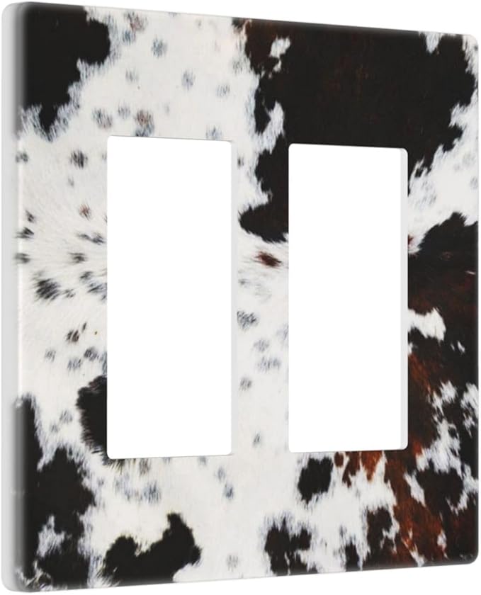 Brown Black and White Cheetah Farm Cattle Cow Skin Fur Print 2 Gang Double Rocker/Decorator Gfci Outlet Light Switch Wall Plate Cover Decorative Electrical Face Plate for Dimmer, USB Outlet Scewless