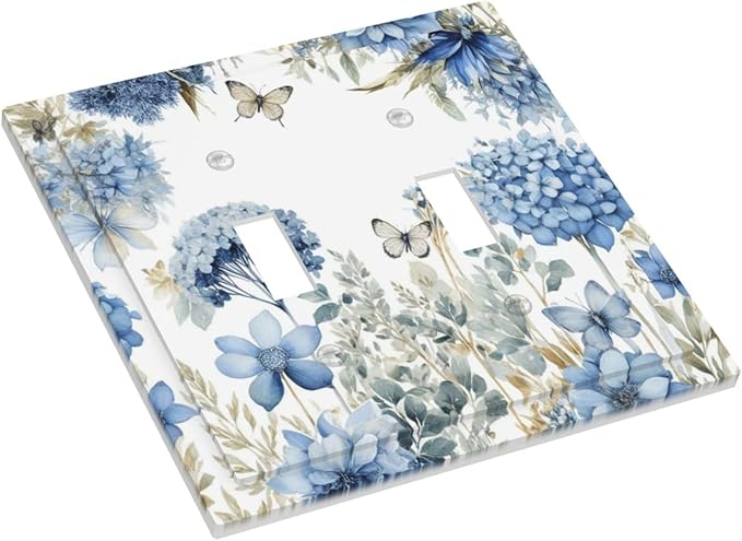 Decorative Light Switch Plate Covers Boho Blue Flowers Rustic Beige Butterfly Leaves 2 Gang Wall Plate Double Toggle Switch Cover Plate Electric Dual Device Electrical Faceplate
