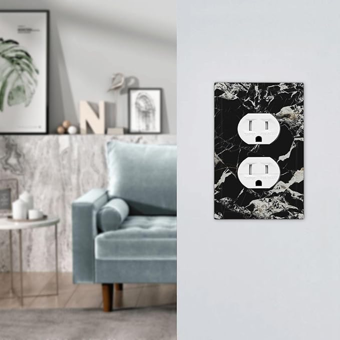Black Marble Patterns Low Key Luxurious Outlet Covers 1 Gang Duplex Light Switch Cover Decorative Switch Plates Electrical Receptacle Faceplate Wall Plate for Bathroom Kitchen Decor