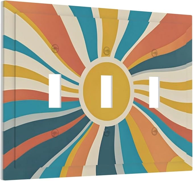 Decorative Switch Plate Cover with Retro Mid-Century Modern Sunburst Motif Design 3 Gang Artistic Wall Plate Unique Triple Toggle Light Switch Covers for Abstract Teal/Yellow/Orange Wall
