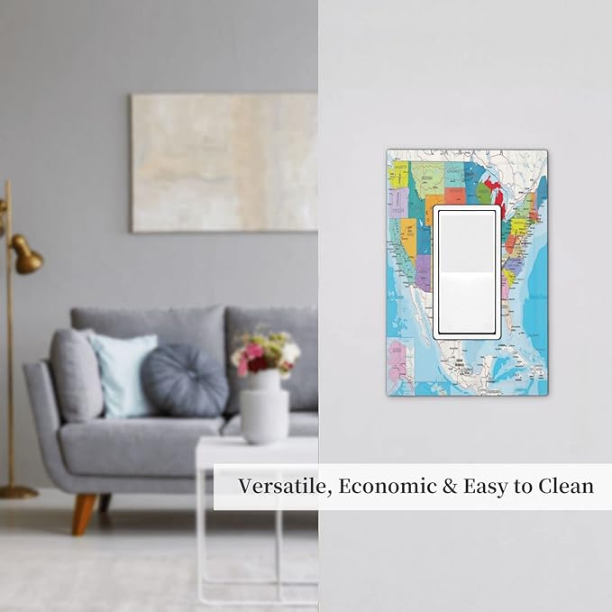 Cartoon Fun Facts Geography USA Map 1 Gang Rocker/Decor Outlet Light Switch Wall Plate Cover Faceplate Decorative Faceplate Boys Map of The United States Bathroom Home Living Room Bedroom Decorate