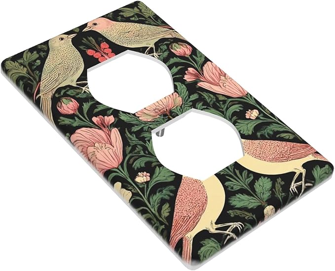 Vintage Bird Floral 1-Gang Duplex Wall Plate, Dark Green Bird Flower Outlet Cover Decorative Faceplate for Bedroom, Sunroom & Home