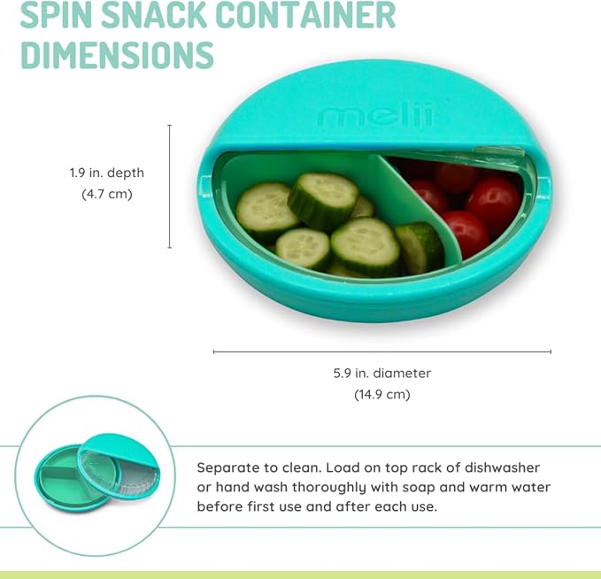 melii Spin Snack Container | 3-Compartment Rotating Snack Box with Sliding Window, BPA-Free, Dishwasher Safe, Portable Snack Container for Kids Ages 3+ (Blue)