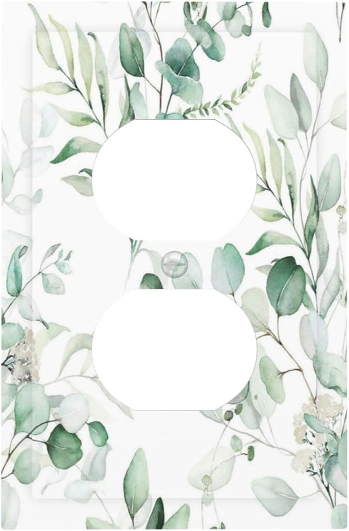 Boho Green Eucalyptus Leaf Floral Plants Flowers Outlet Covers 1 Gang Duplex Light Switch Cover Decorative Switch Plates Electrical Receptacle Faceplate Wall Plate for Bed Room Living Room Decor