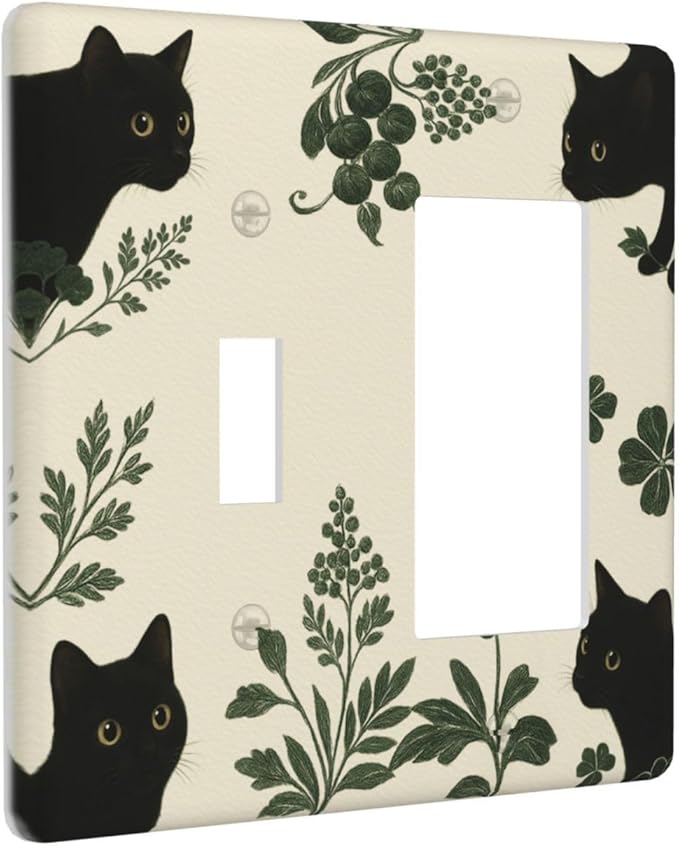 Decorative Outlet Covers Funny Black Cat Green Leaf 2 Gang Light Switch Cover Plate Single Toggle 1 Rocker Wall Plates for Electrical Outlets Switch Plate Covers for Bedroom Home Decor
