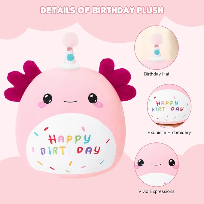 SQEQE Axolotl Stuffed Animal Toy Happy Birthday Axolotl Plush Cute Pink Birthday Plushies Doll Home Decor for Kids Girls Boys 10 Inch