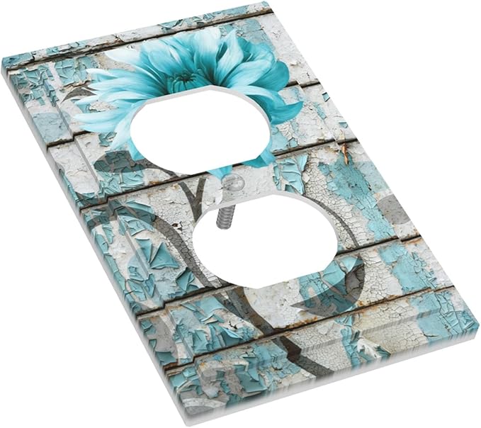 Vintage Floral Duplex Wall Plate - 1-Gang Standard US Size Rustic Farmhouse Teal Flower Distressed Brick Outlet Covers for Bedroom Bathroom Decor