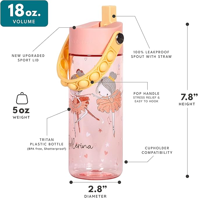 Elemental Water Bottles for Kids - Splash Kids Water Bottle for School with Pop-it Handle - BPA Free Tritan Plastic Water Bottle with Straw Leak Proof when Spout is Closed - Ballerina - 18oz