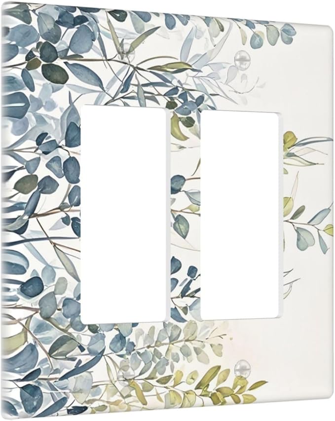 Decorative Outlet Covers with Green & Blue Watercolor Eucalyptus Botanical Foliage Design 2 Gang Wall Plate Double Rocker Light Switch Cover Switch Plate Cover for Contemporary Living Room