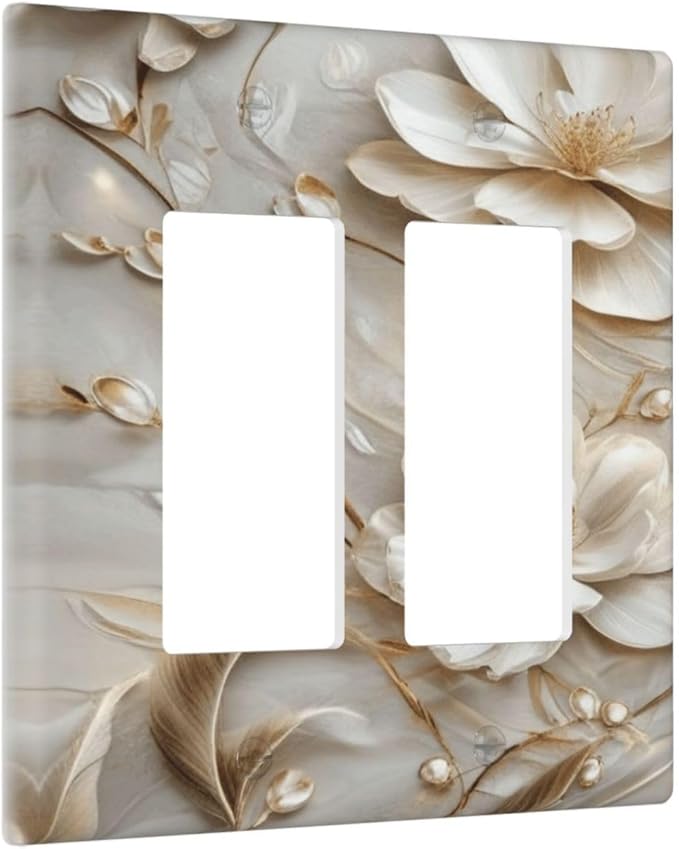 Decorative Art Light Switch Covers Elegant White and Gold Florals 2 Gang Dual Rocker Outlet Switch plate Faceplate GFCI for Home Decor