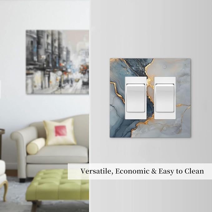 Abstract Blue Granite Luxury Texture Print Double Rocker Light Switch Cover 2 Gang Outlet Covers Switchplates Decorative Electrical Wall Plate for Country Bedroom Kitchen Living Room Decor