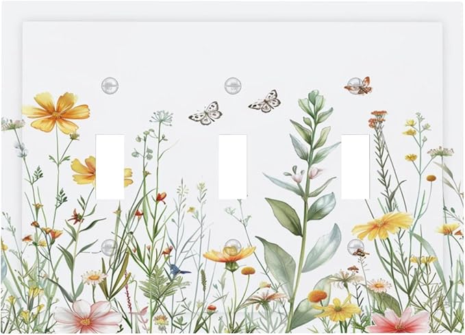 Light Switch Cover Plate Rustic Colorful Floral Butterfly Watercolor Flowers 3 Gang Triple Toggle Decorative Switch Plates Wall Plates Electrical Switchplate Faceplate for Bathroom Bedroom