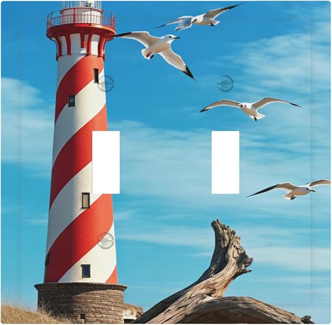 Lighthouse Coastal Scene Double Toggle Switch Cover - 2-Gang Standard US Size Nautical Coastal Beacon Light Switch Covers for Living Room Bathroom Decor