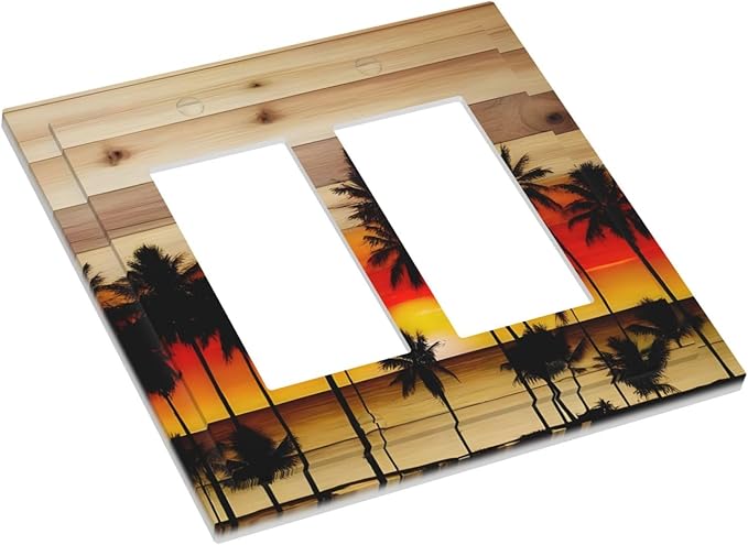 Sunset Beach Coconut Palm Tree Wooden Background Decorative Outlet Covers 2 Gang Double GFCI Rocker Electrical Wall Panels Light Switch Cover Plate for Bedroom Living Room Decor