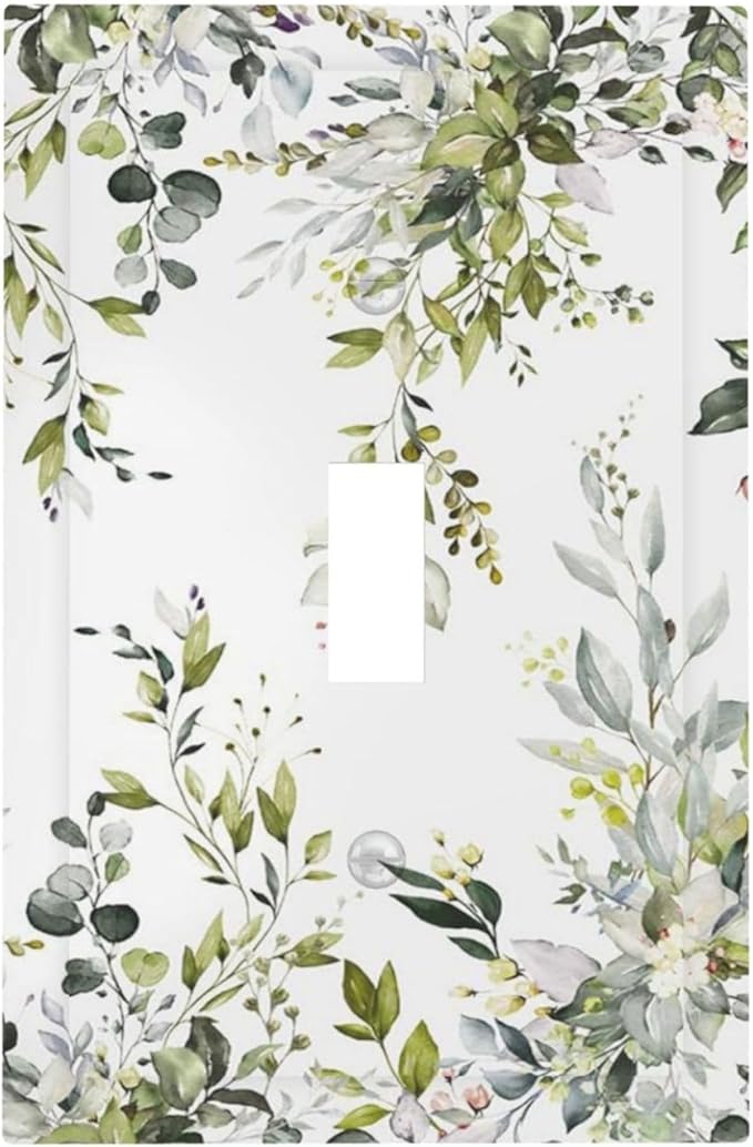 Eucalyptus Sage Green Leaf Plant Floral Decorative Light Switch Cover 1 Gang Single Toggle Device Electrical Faceplate Switchplates Decorator Outlet Wall Plate for Bedroom Living Room Decor