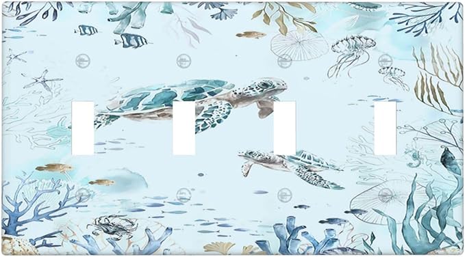 Light Switch Covers Teal Blue Ocean Sea Turtle Seabed Plants Quad Toggle 4 Gang Wall Plate Electrical Faceplate Decorative Switch Plates for Bathroom Kids room Decor
