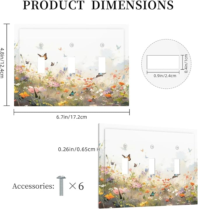 Wildflowers Watercolor Floral Colorful Butterfly Decorative Switch Plates 3 Gang Wall Plate Triple Toggle Light Switch Cover Faceplate Electrical Wall Panels for Farmhouse Bed Room Decor