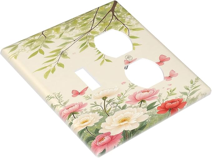 Wallplates Garden Flowers Green Leaves And Butterflies 1 Toggle 1 Duplex Switch Plate Electrical GFCI Faceplate Decorative Light Switch Covers for Bedroom Cabin Decor