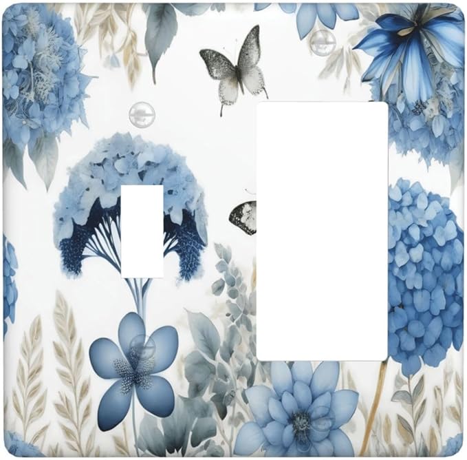 Blue Floral Hydrangea Floral Butterfly Flower Plant Outlet Covers 1 Toggle 1 Rocker Combination Decorative Wall Plate Electrical Switch Plates Light Switch Cover Plate for Bedroom Living Room Decor