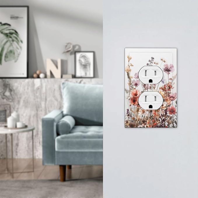 Boho Nursery Wildflower Flora Vintage Flower Outlet Covers 1 Gang Duplex Light Switch Cover Decorative Switch Plates Electrical Receptacle Faceplate Wall Plate for Bedroom Living Room Decor