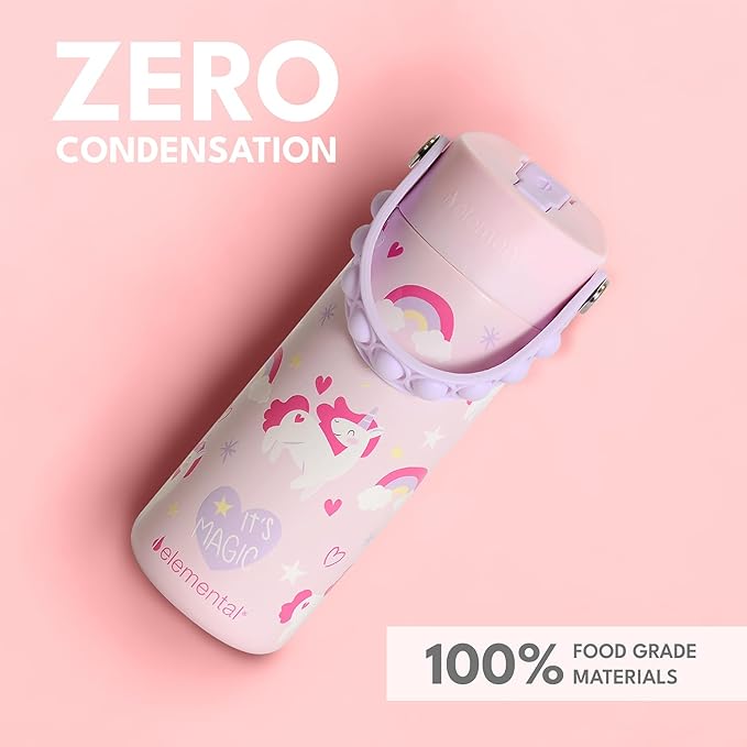 Elemental Insulated Kids Water Bottle, Stainless Steel Water Bottle with Straw Lid & Pop-It Handle, Leak-Proof Water Bottles for School, Boys or Girls, Travelling and Sports, 18oz - Unicorn Magic