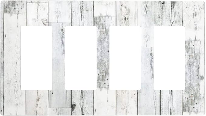 Grey White Wood 4 Gang Quad Rocker/Decor Light Switch Cover Plate Decorative Electrical Faceplate for Bathroom Room Decorate Jumbo Size Screwless 8.3" x 4.6
