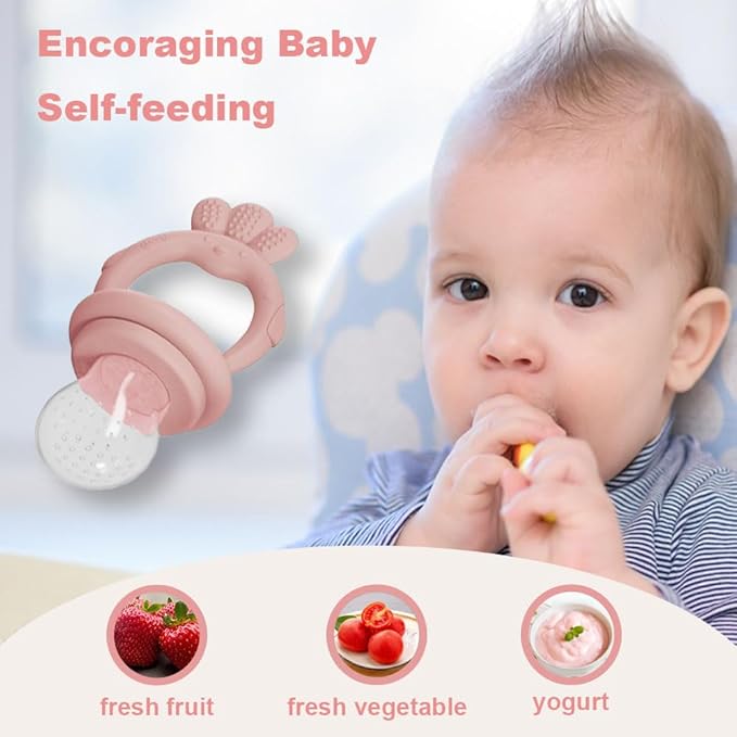 Baby Food Fruit Feeder with Freezer Tray Breastmilk Popsicle Molds Silicone Fruit Feeder for Self Feeding Teething Relief Toys (Pink)