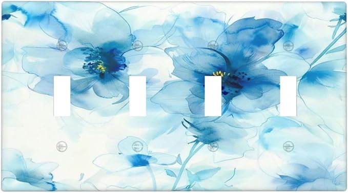 Watercolor Flower Blue White Large Floral Leaf Plants Light Switch Covers Quad Toggle Electrical Faceplate 4 Gang Wall Plate Decorative Switch Plates Cover for Bedroom Living Room Decor
