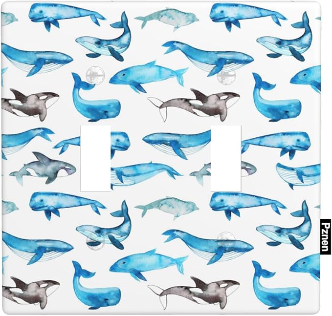 Whale Double Toggle Light Switch Cover, Blue Ocean Sea Whales Coastal 2-Gang Wall Plate, Decorative Electrical Switchplate for Bathroom Bedroom Nautical Home Decor