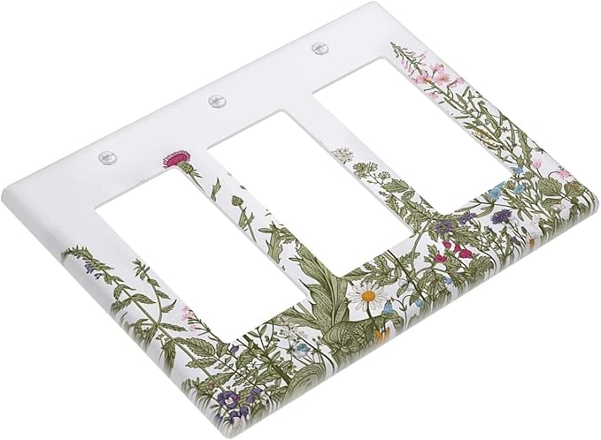 Rustic Wild Floral Vintage Teal Botanical Triple Rocker Light Switch Plate Covers Decorative 3 Gang Decora Wall Plate Gifi Lightswitch Faceplate for Bathroom Kitchen 6.38" X 4.9"