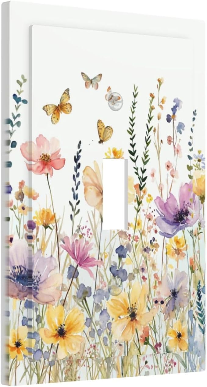Wildflowers Colorful Flower Butterfly Floral Decorative Light Switch Cover 1 Gang Single Toggle Device Electrical Faceplate Switchplates Decorator Outlet Wall Plate for Farmhouse Bedroom Decor