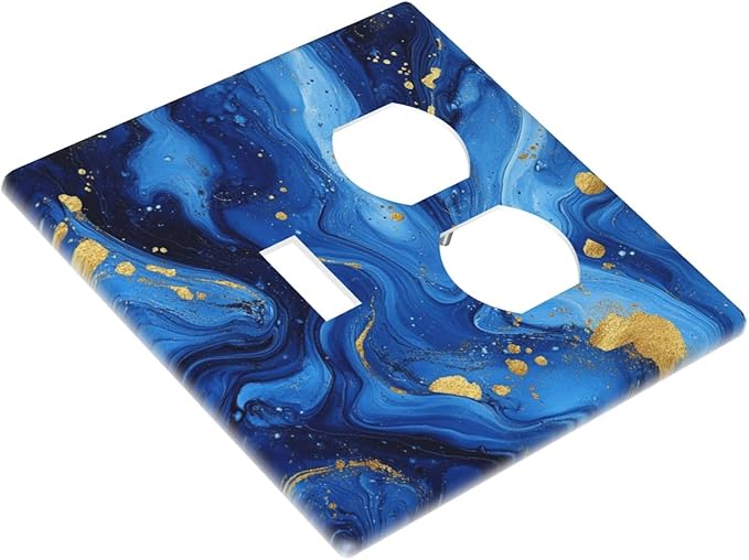Light Switch Cover Plate Navy Blue Gold Marble Abstract Luxury 2 Gang Outlet Covers 1 Toggle 1 Duplex Socket Cover Wallplates Electrical Switch Plate Covers for Bathroom Home Decor