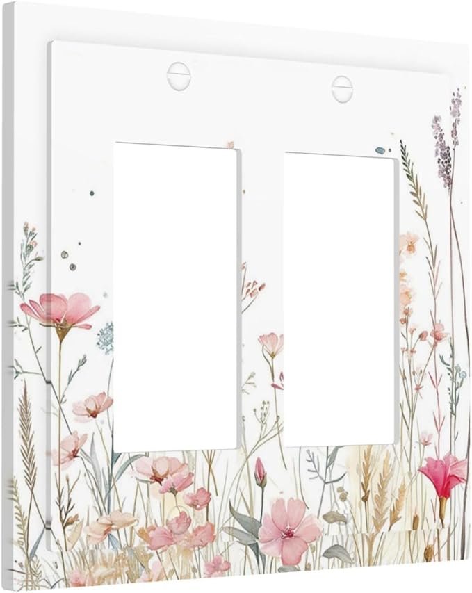 Watercolor Wildflower Pink Flower Plant Floral Decorative Outlet Covers 2 Gang Double GFCI Rocker Electrical Wall Panels Light Switch Cover Plate for Bedroom Living Room Decor