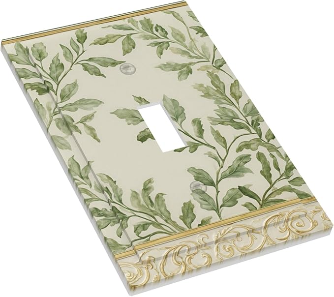 Soft Green Botanical Scroll 1-Gang Toggle Light Switch Plate, Regency Style Leafy Vine Design Decorative Wall Plate for Bedroom Living Room Decor