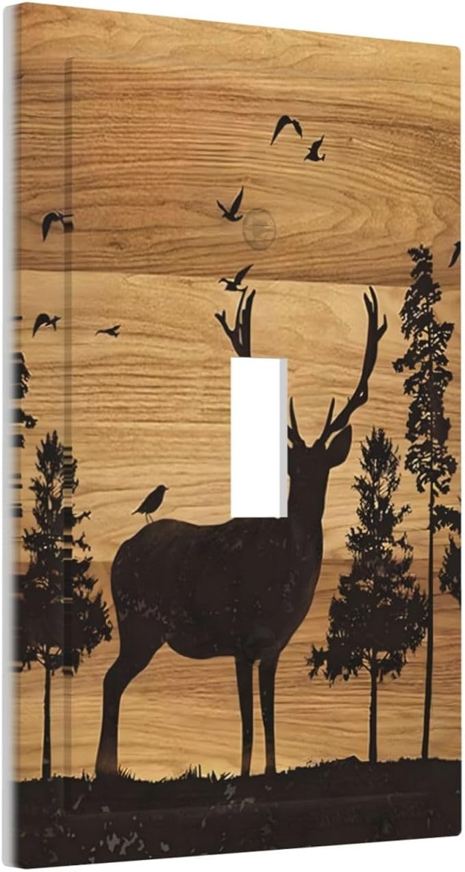 Elk Moose Forest Hunting Pyrography Art Wood Texture Print Decorative Light Switch Cover 1 Gang Single Toggle Device Electrical Faceplate Switchplates Decorator Outlet Wall Plate for Farmhouse Bedroom