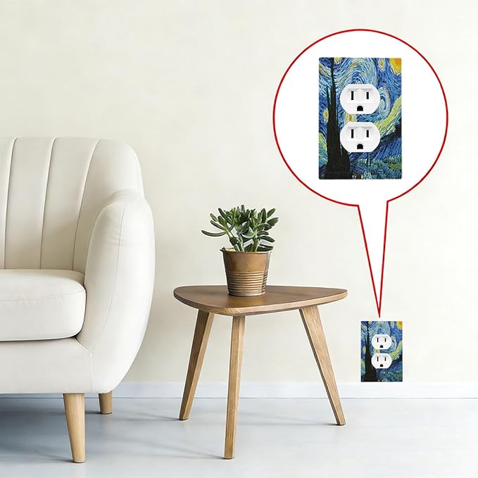 Van Gogh The Starry Night Duplex Wall Plate - 1-Gang Standard US Size Post-Impressionist Masterpiece Outlet Covers, Swirling Night Sky for Living Room Decor