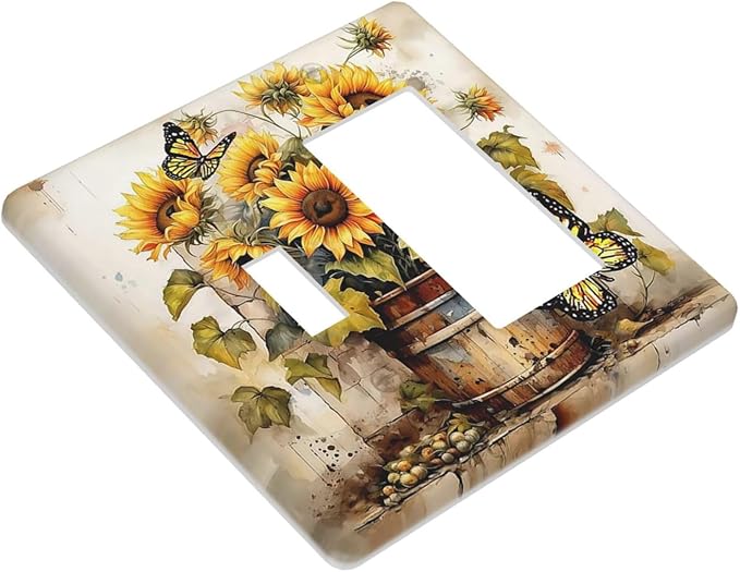 Outlet Covers Rustic Vintage Sunflower Bouquet Butterfly 1 Toggle 1 Rocker Combination Decorative Wall Plate Light Switch Cover Plate Electrical Switch Plates for Farmhouse Cabin Decor