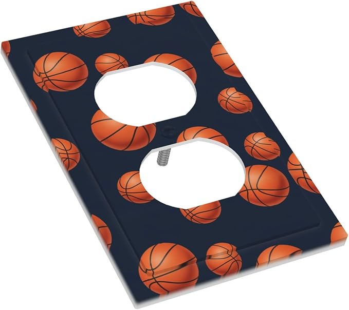 Basketball Duplex Wall Plate - 1-Gang Standard US Size Sports Design Navy Blue Outlet Covers, Vintage Basketball for Boys Room