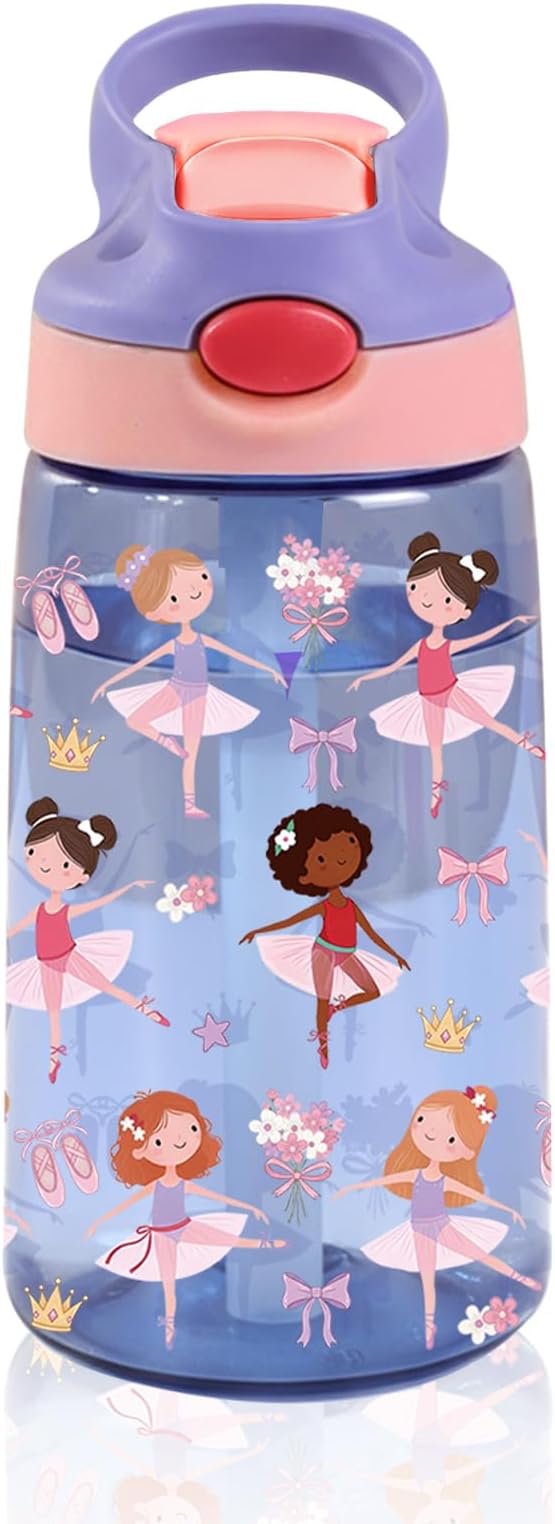 14oz Ballet Kids Water Bottle with Straw Lid - Ballerina Water Bottles for Kids, Leakproof, Lightweight, Durable Plastic Bottles for School, Pink Ballet Gift Cup for Girls Birthday Gifts