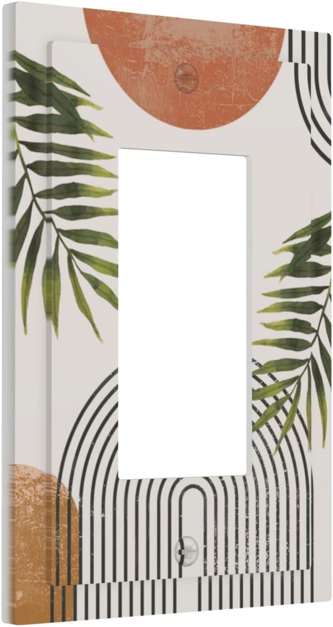 Beautiful Boho Mid Century Large Archs Sun Leaves Plants Decorative Outlet Covers 1 Gang Single Rocker Light Switch Cover Plate Wall Plates GFCI Faceplate for Bedroom Living Room Decor
