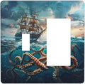 Light Switch Cover Plate Sailboat Ship Octopus Ocean Sea Waves 2 Gang Combo Wall Plates Toggle Rocker Decorative Switch Plates and Outlet Covers for Bathroom Bedroom Decor