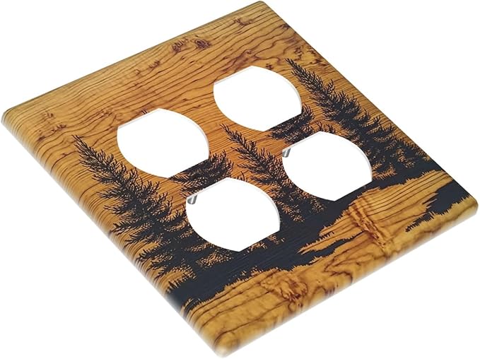 Outlet Covers Forest Pine Silhouette Rustic Wood Grain 2 Gang Double Duplex Decorative Light Switch Covers Electrical Wallplates Socket Faceplate For Farmhouse Cabin Decor