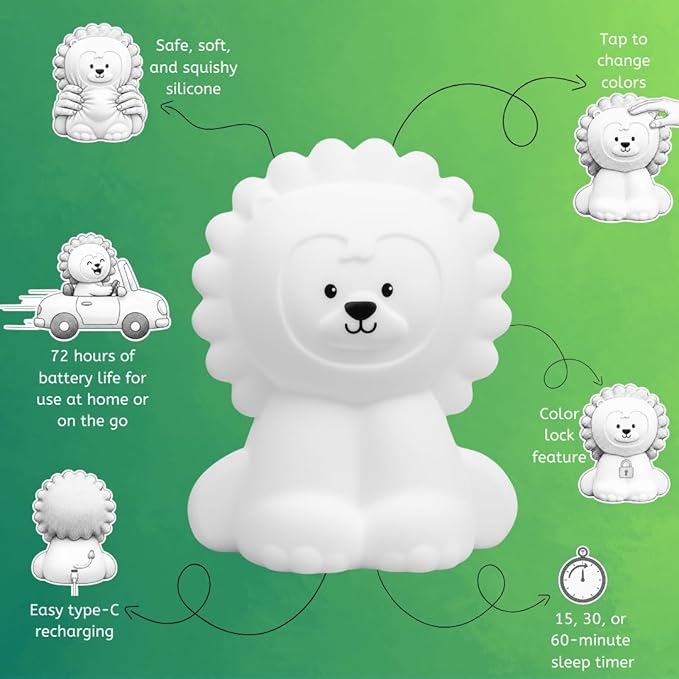 Lumipets Remote Control Silicone Night Light for Kids - Lion Design with 9 Soft Colors & Sleep Timer - Rechargeable, Battery-Operated Lamp for Bedroom | Baby Nursery, Toddler, Girls, Boys