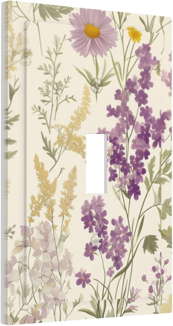 Watercolor Floral Leaves 1 Gang Light Switch Cover Single Toggle Wall Plate Small Purple Flowers Daisies Decorative Electrical Switchplate Covers for Country Bedroom Kitchen Living Room Decor