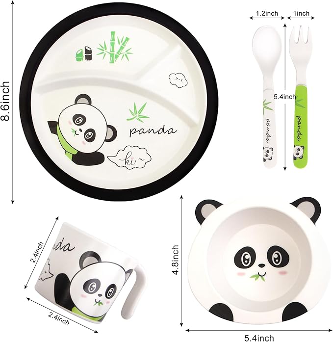 Bamboo Toddler Dinnerware Set,5Pcs Baby Plates and Bowls,Kids Dinnerware Set,Bamboo Kids Plates and Bowls Set,Christmas Kids Dishes Dinnerware Sets with Plate,Bowl,Cup,Fork and Spoon (Panda)