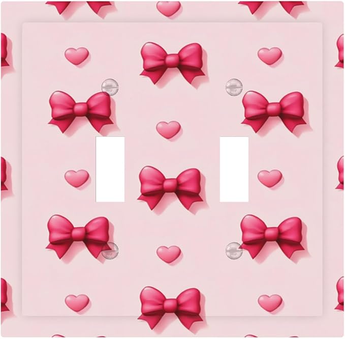 Pink Bow & Heart Double Toggle Switch Cover - 2-Gang Standard US Size Preppy Coquette Light Switch Covers, Sweetheart Girly Pattern for Girls Room