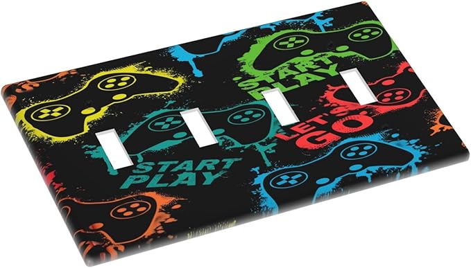Gaming Hippie Gamer Modern Gamepad Colorful Graffiti Light Switch Covers Quad Toggle Electrical Faceplate 4 Gang Wall Plate Decorative Switch Plates Cover for Kids Room Nursery Decor