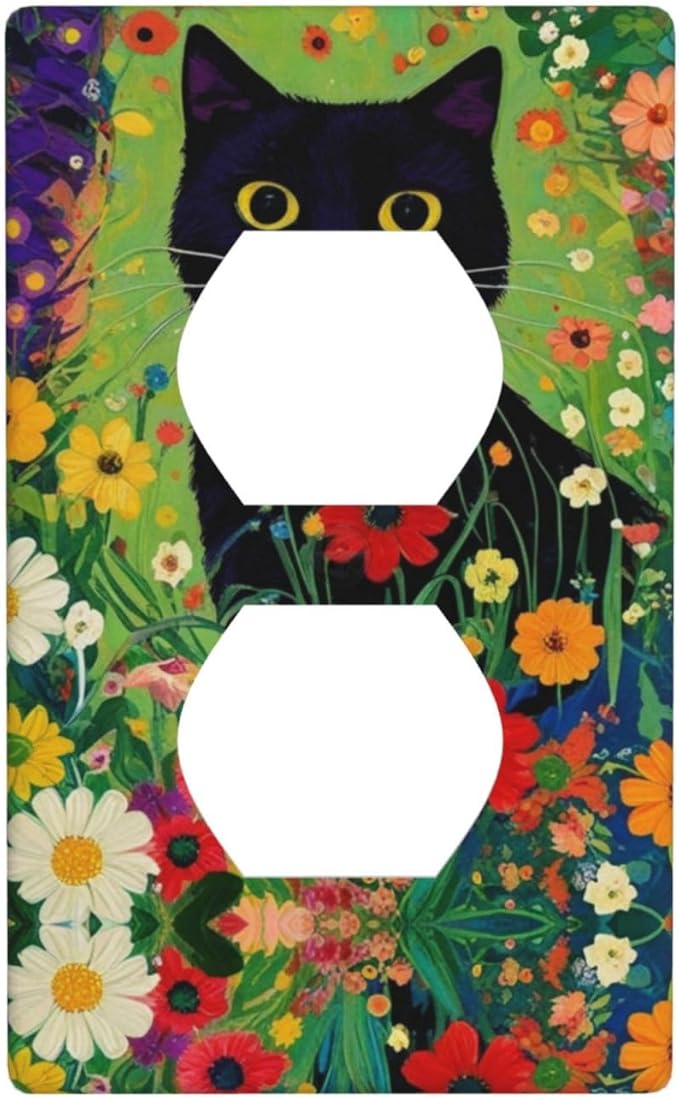 Decorative Art Light Switch Covers Cute Cat & Floral 1 Gang Single Duplex Outlet Wall Plate Switchplate Electrical Faceplate for Home Decor