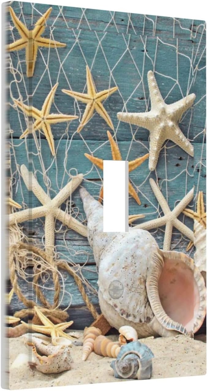 Decorative Outlet Cover Nautical Beach Conch Coral Coastal Starfish on Turquoise Blue Teal Wood 1 Gang Light Switch Cover Fishing Net Single Toggle Decorator Wall Plate Electrical Switch Face Plate